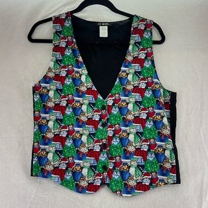 Vintage 111 Main Christmas Holiday Vest Cats Santa Hats Black Red Womens Size M